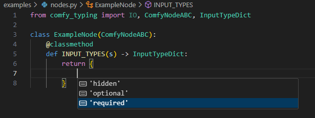 INPUT_TYPES return value type hinting in Visual Studio Code